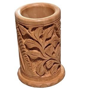 Vintage carved wooden floral pen stand brush pot India home decor, acces…